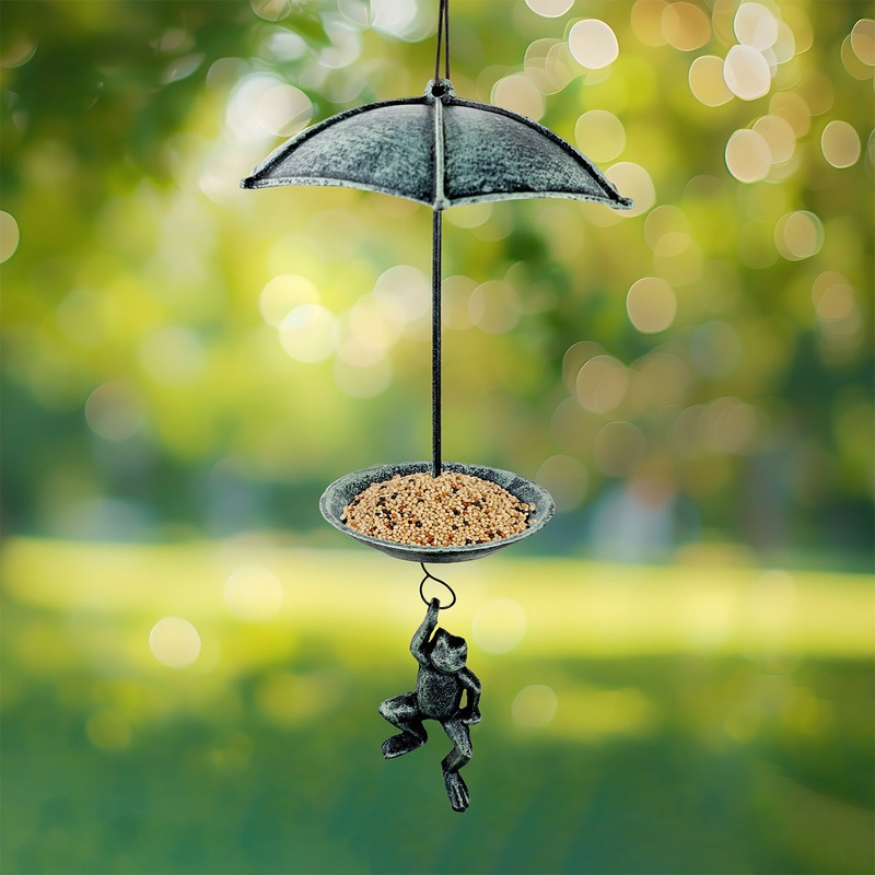 Hanging Wild Bird Feeder Frog And Umbrella By Nature Watch – Cast Iron