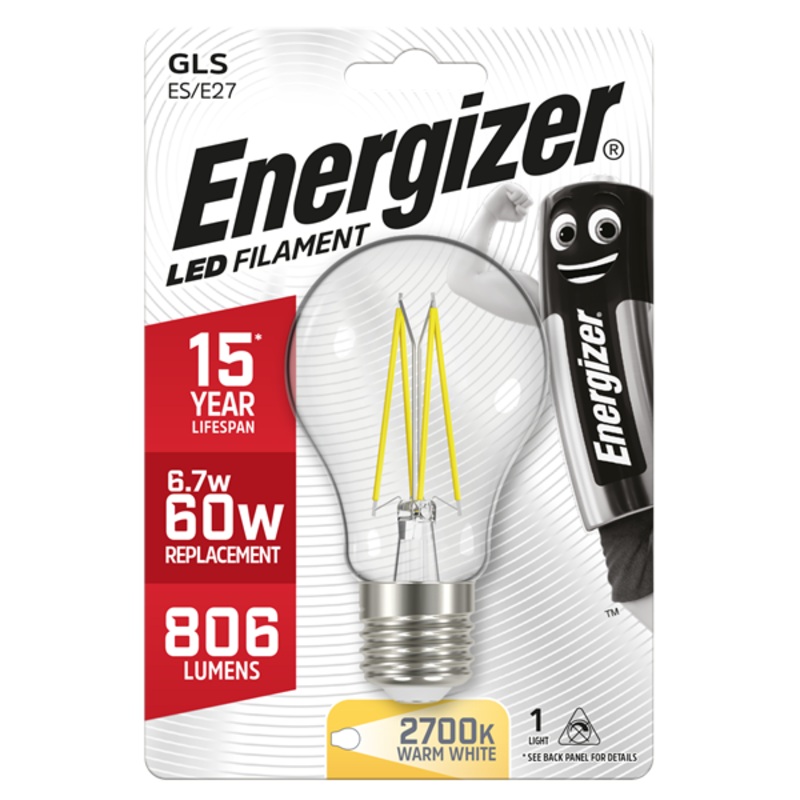 Energizer 6.2W (60W) GLS E27 LED Clear Light Bulb1810-18