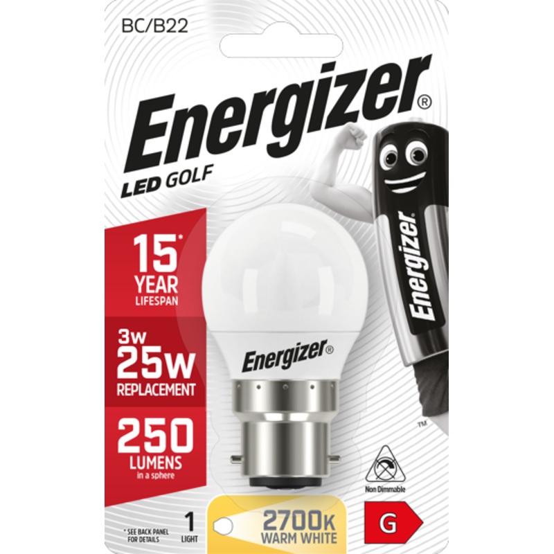 Energizer LED 3.4W (25W) 250 Lumen B22 Opal Golf Ball Light Bulb | 1791-16