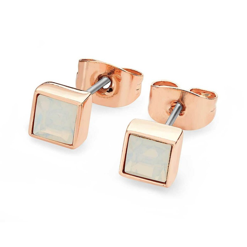Tipperary Crystal Rose Gold Square Birthstone Earrings Opal-October126350