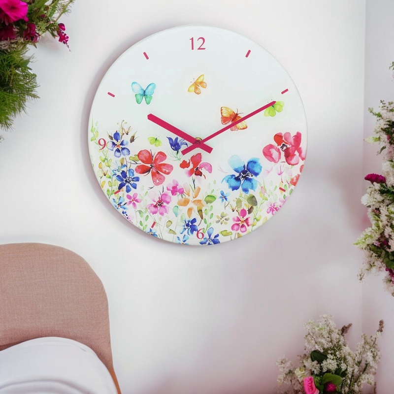Butterfly Meadow Glass Wall Clock