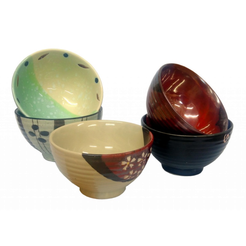 Traditional Japanese Eclectic Patterned Soup Bowls Set of 5