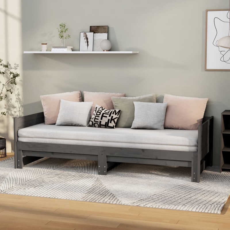 Berkfield Pull-out Day Bed Grey Solid Wood Pine 2x(90×190) cm