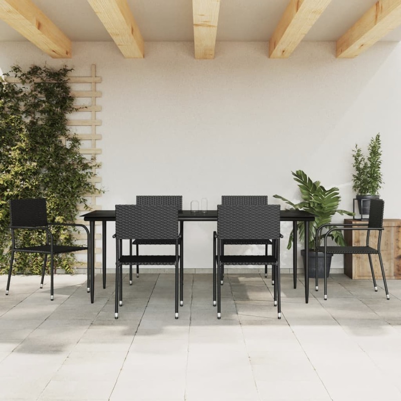 Berkfield 7 Piece Garden Dining Set Black Poly Rattan and Steel