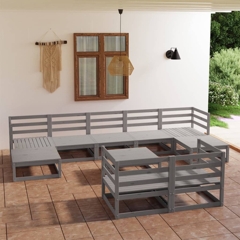 Berkfield 10 Piece Garden Lounge Set Grey Solid Pinewood