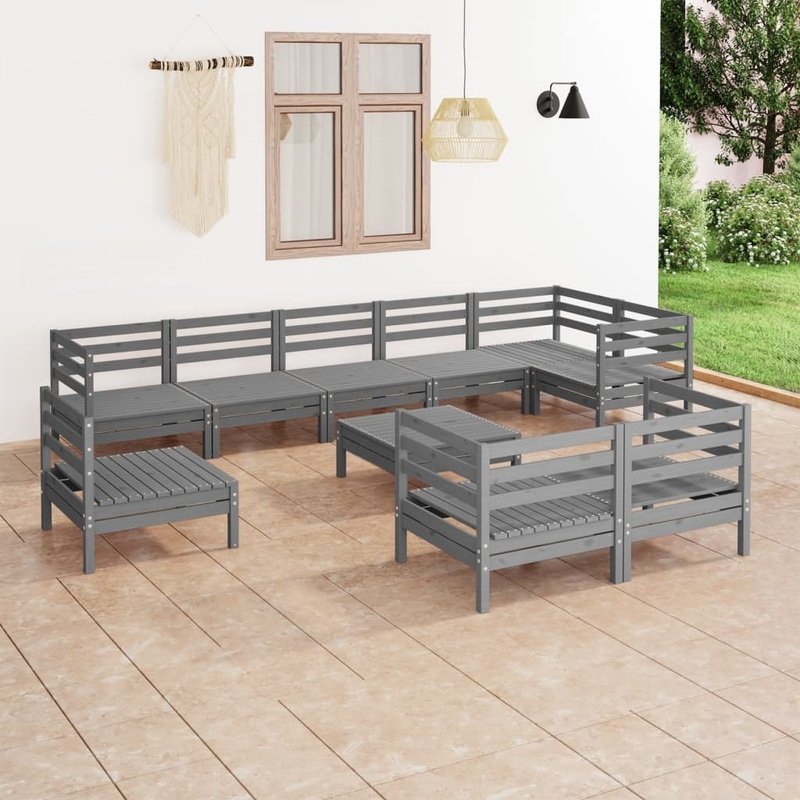 Berkfield 10 Piece Garden Lounge Set Solid Wood Pine Grey