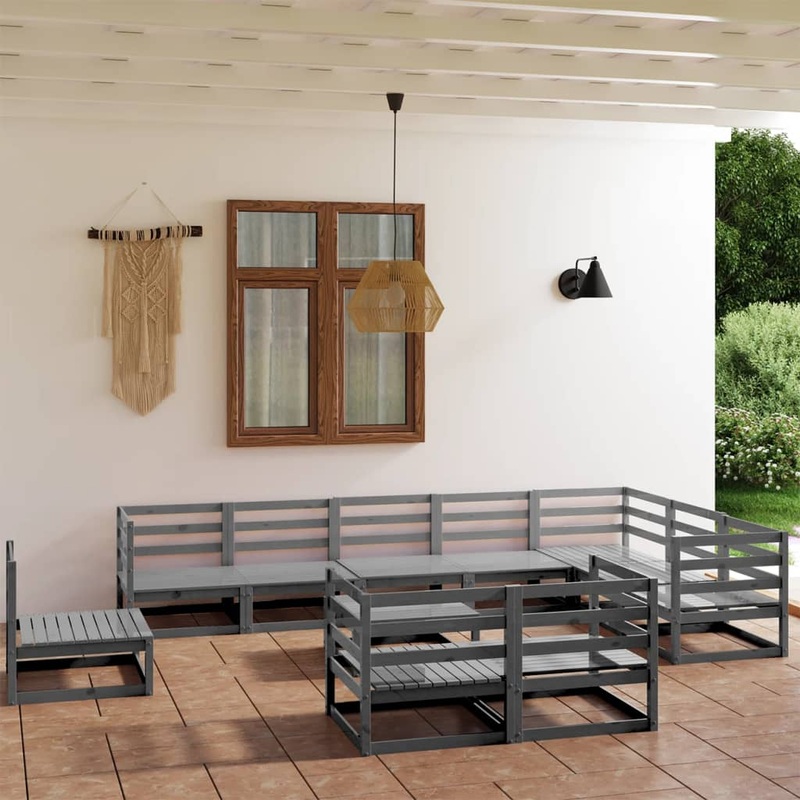 Berkfield 11 Piece Garden Lounge Set Grey Solid Pinewood