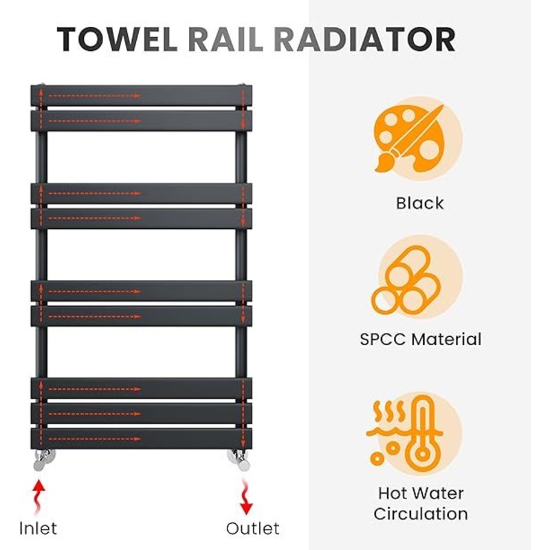 NILE 800 x 450 mm Flat Panel Heated Towel Rail Black Bathroom Ladder Radiator