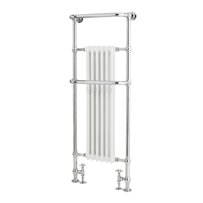Old London Brampton Traditional Heated Towel Rail, Designer Radiator for Bathrooms, Floor Mounted Radiator for Classic Heating Style in Chrome & White Steel, 1500x575mm