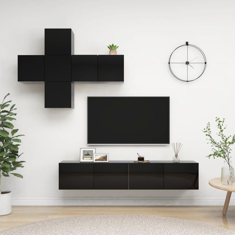 Berkfield 7 Piece TV Cabinet Set High Gloss Black Engineered Wood