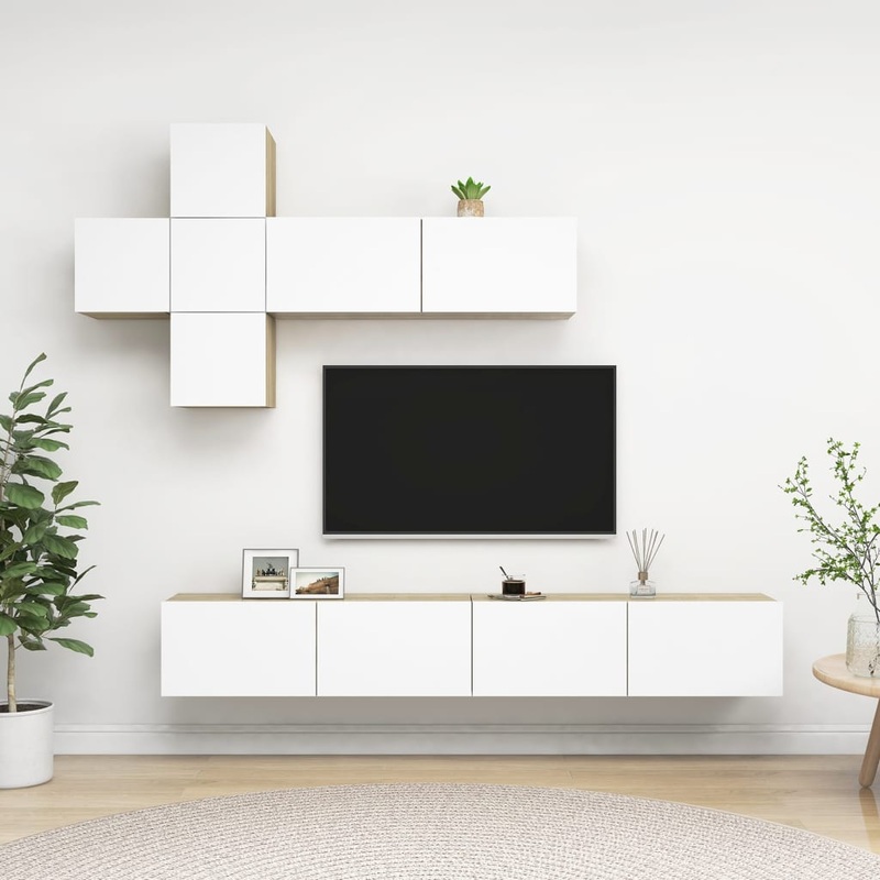 Berkfield 7 Piece TV Cabinet Set White and Sonoma Oak Engineered Wood