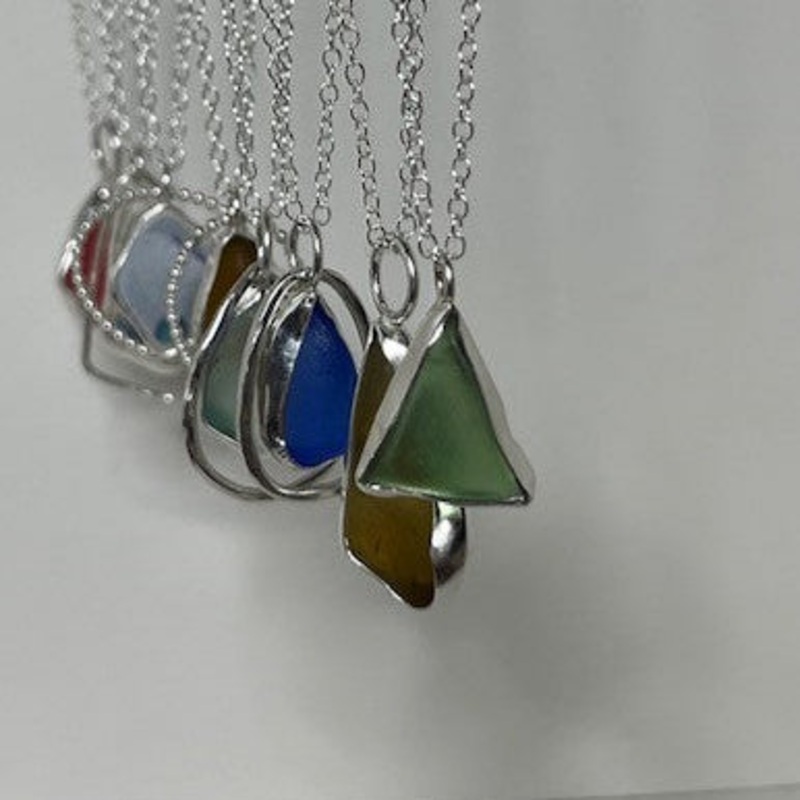 BEACH TREASURE PENDANTS|Apple Green Lrg|Blue/White Pottery|Brown/Cream Pottery|Cobalt Blue|Green/Black|Olive Green Ribbed|Pink|Pretty Pottery|Purple/White Pottery|Seafoam|White Glass Droplet