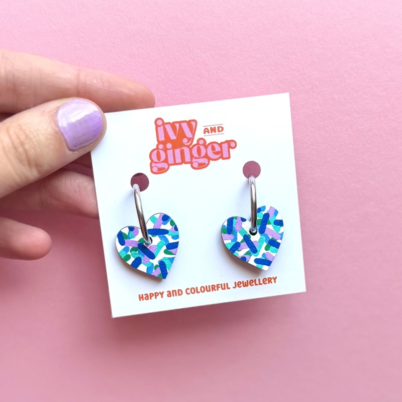 BLUE CONFETTI HEART HOOP EARRINGS