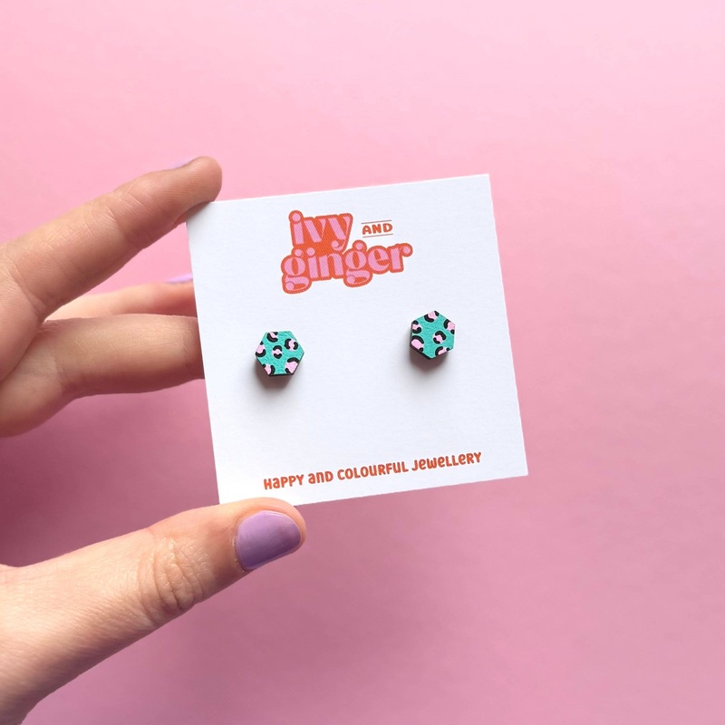 GREEN + PINK LEOPARD PRINT MINI HEXAGON STUDS