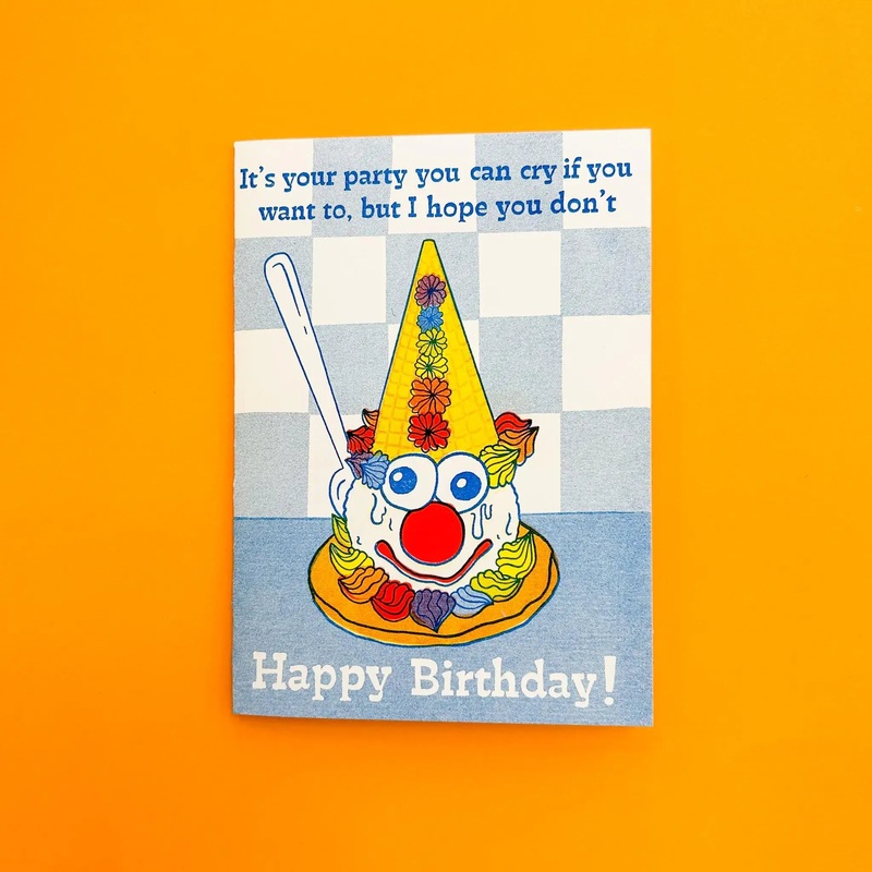 Crying Clown Cone Celebration Risograph Greeting Card