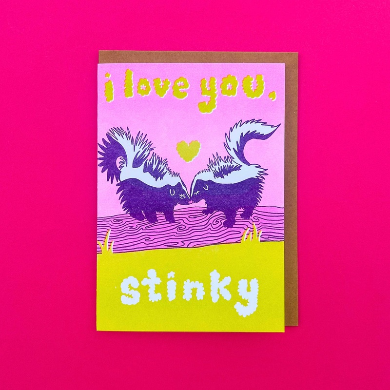 Love You Stinky Skunk Card Risograph Greeting Card