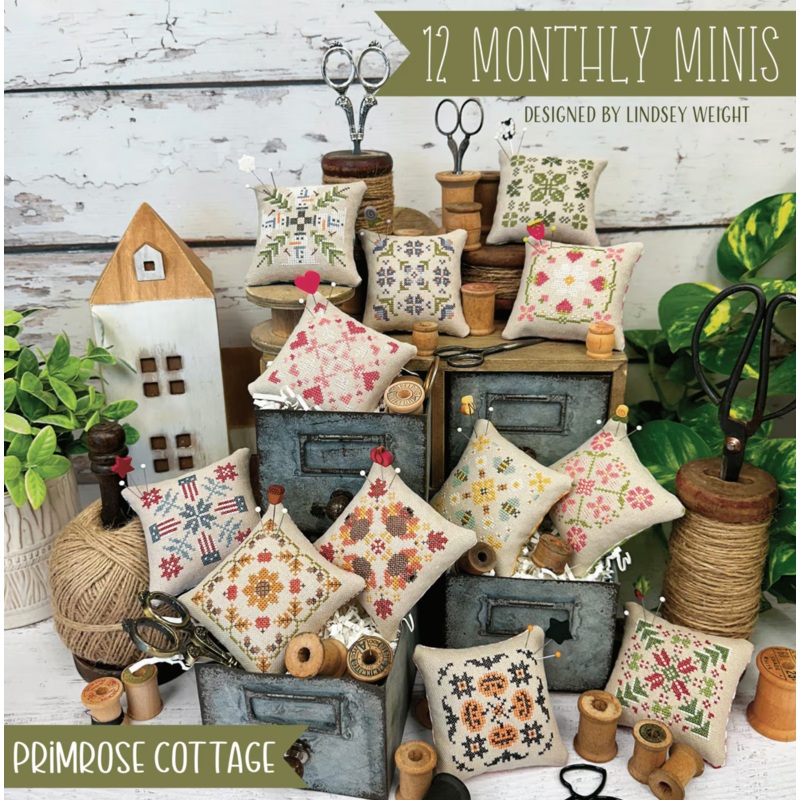 12 Monthly Minis Cross Stitch by Lindsey Weight of Primrose Cottage – PAPER Pattern PCS-129