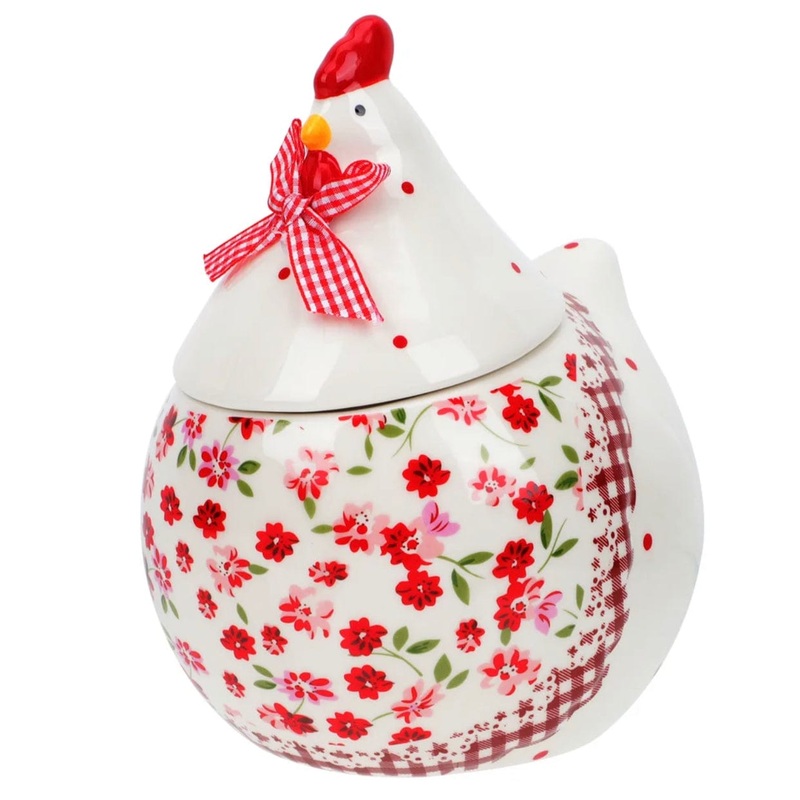 Ceramic Jar : Chicken red Flowers & Gingham