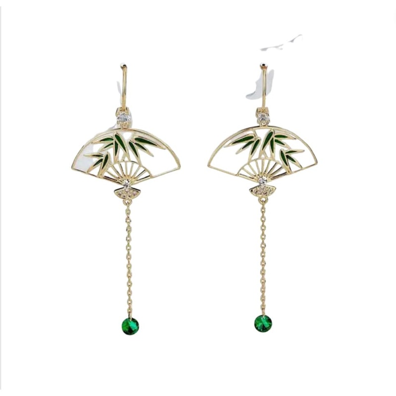 Chinese Fan Green Bamboo Earrings