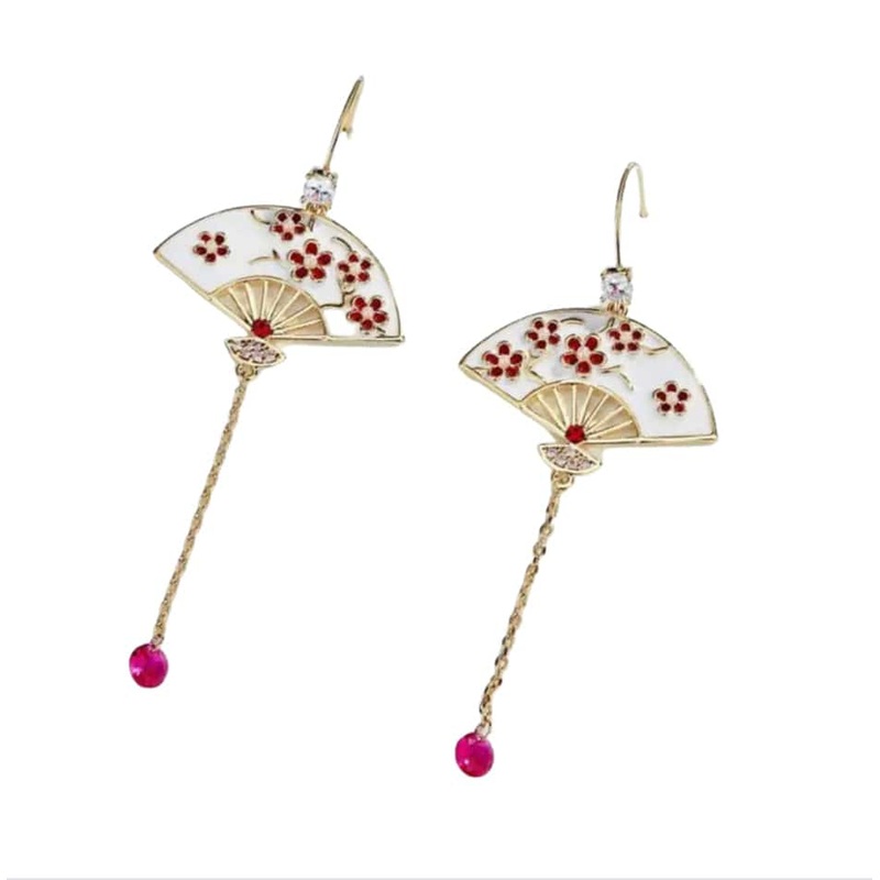 Chinese Fan Pink Flowers Earrings
