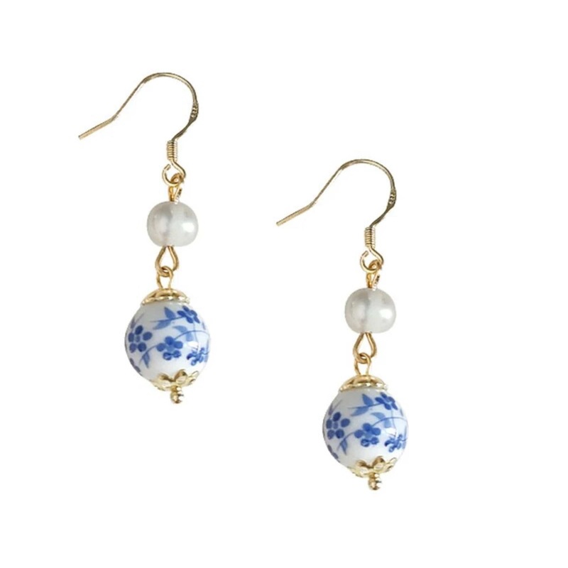 Blue Porcelain Bead Earrings