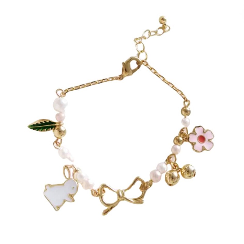 Bunny Gold Charm Bracelet – Pearls, Flowers & Leaves