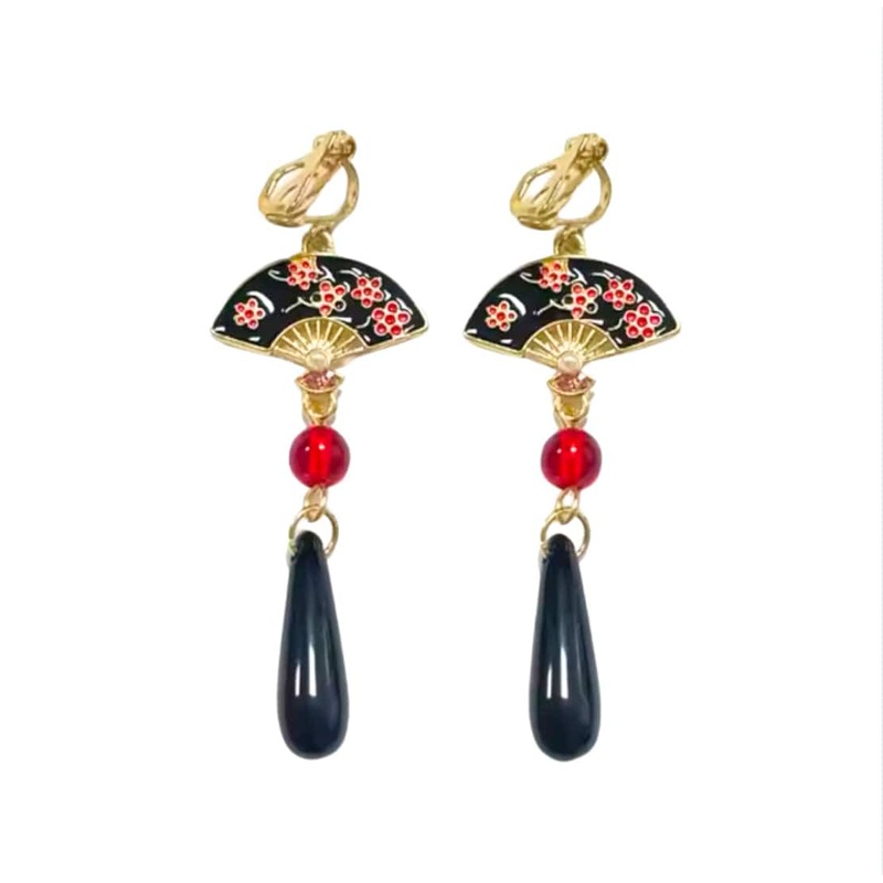 Chinese Fan Black & Red Flowers  Earrings