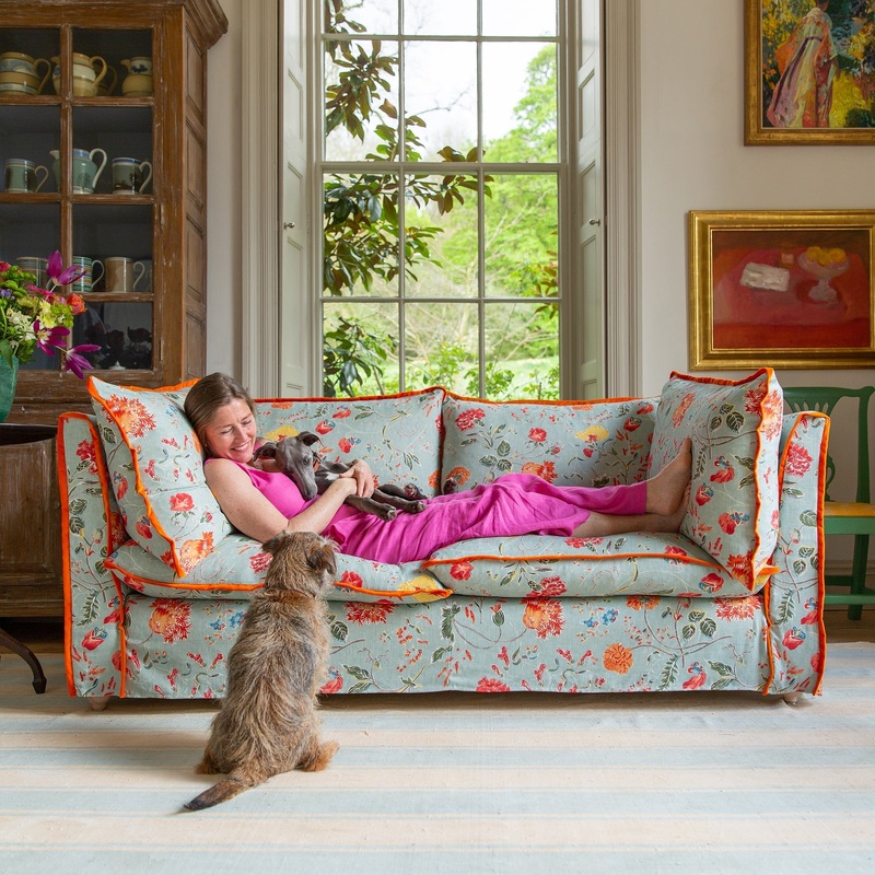 Coco 2.5 seater sofa with Contrast Piped Knife Edge cushion in Andrew Martin Wildwood Duck Egg – Made to Order (Available for quick ship)