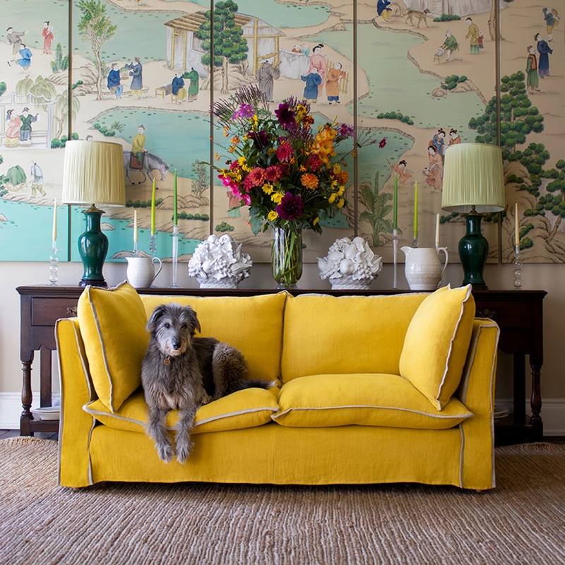 Coco 2.5 seater sofa with Contrast Piped Knife Edge cushion in Designers Guild Brera Lino Ochre – Made to Order (Available for quick ship)