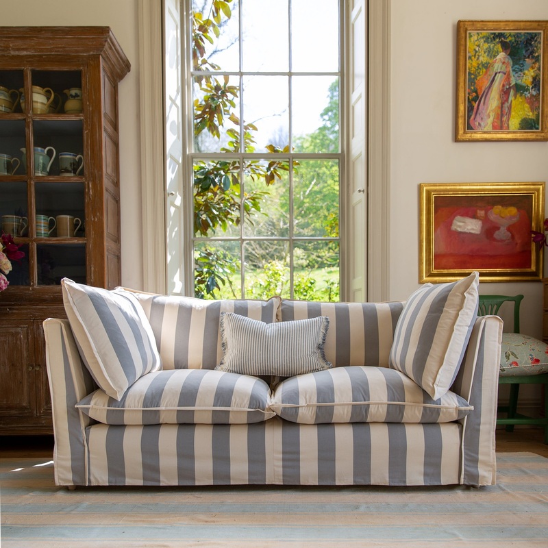 Coco 2.5 seater sofa with Self Piped Knife Edge cushion in Stripes Garden Grey – Made to Order (Available for quick ship)