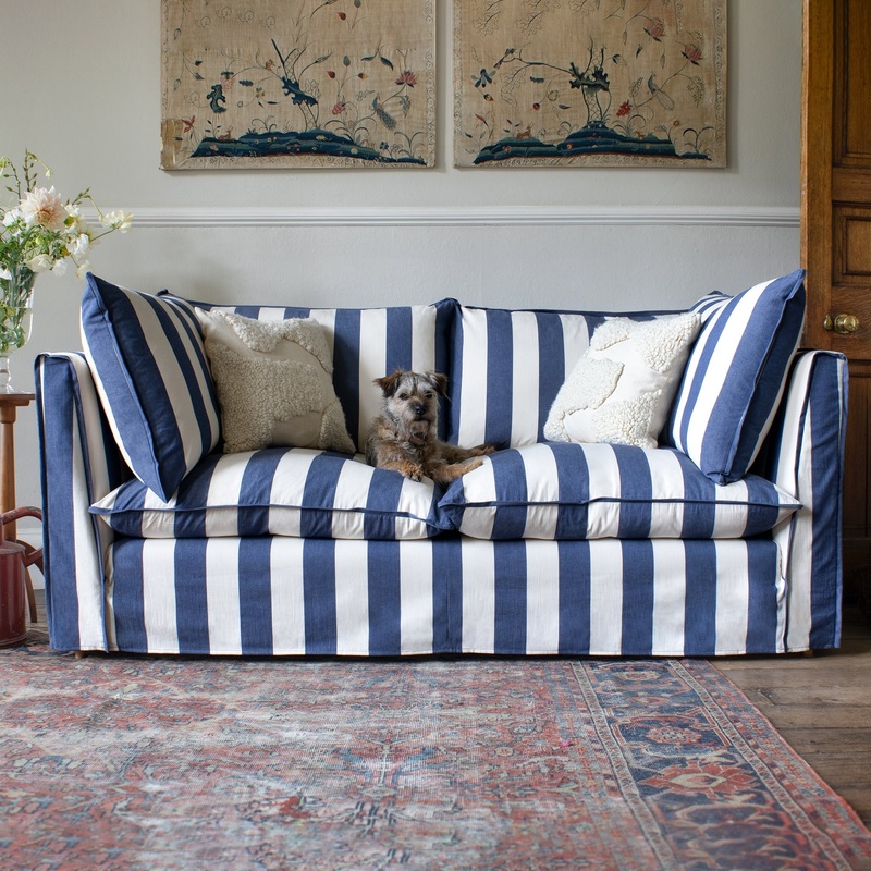 Coco 2 seater sofa with Self Piped Knife Edge cushion in Stripes Sea Holly – Made to Order (Available for quick ship)