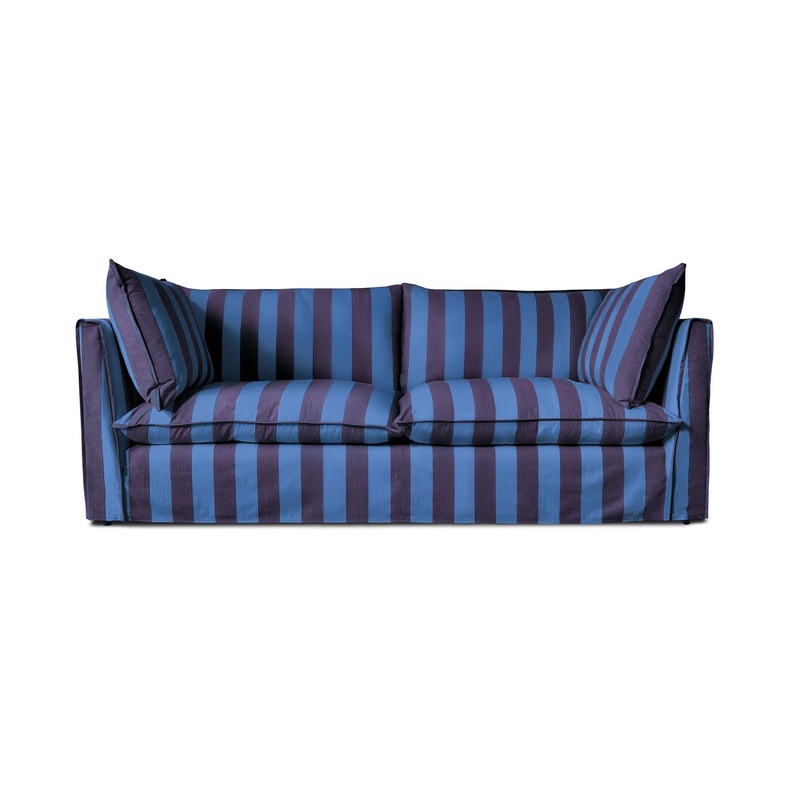 Coco 3 seater sofa with Self Piped Knife Edge cushion in Coastal Blue Stripes – Made to Order (Available for quick ship)