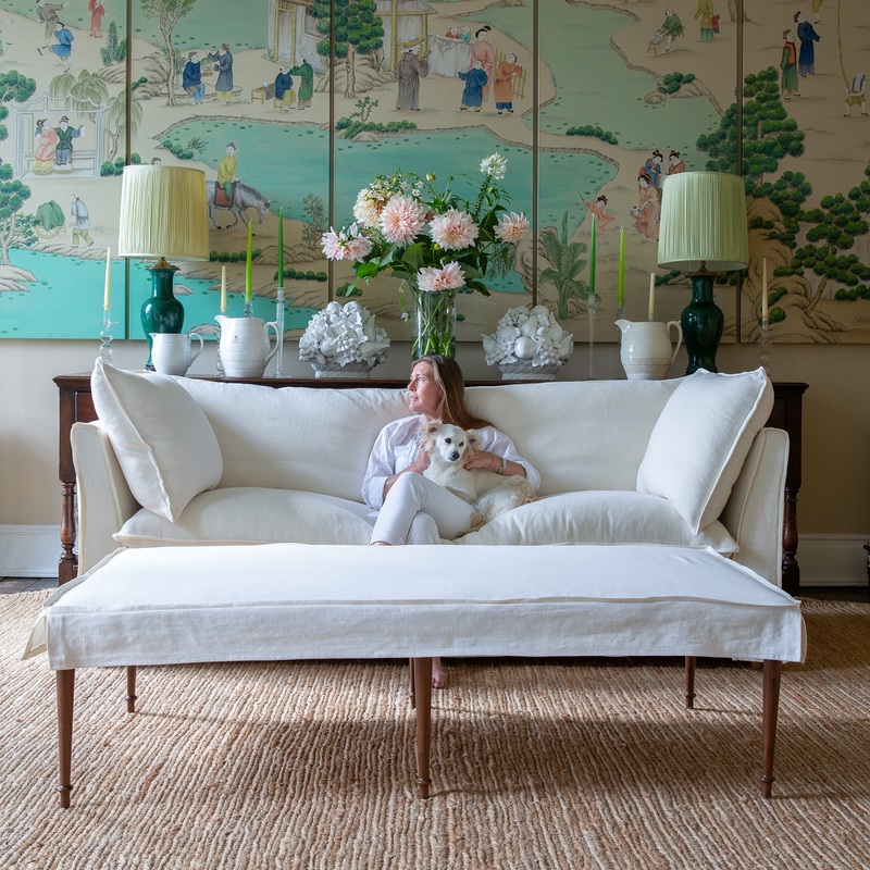 Coco 3 seater sofa with Self Piped Knife Edge cushion in Designers Guild Brera Lino Chalk – Made to order (Available for quick ship)