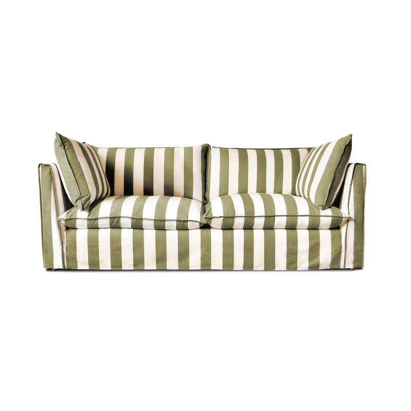Coco 3 seater sofa with Self Piped Knife Edge cushion in Spring Green Stripes – Made to Order (Available for quick ship)