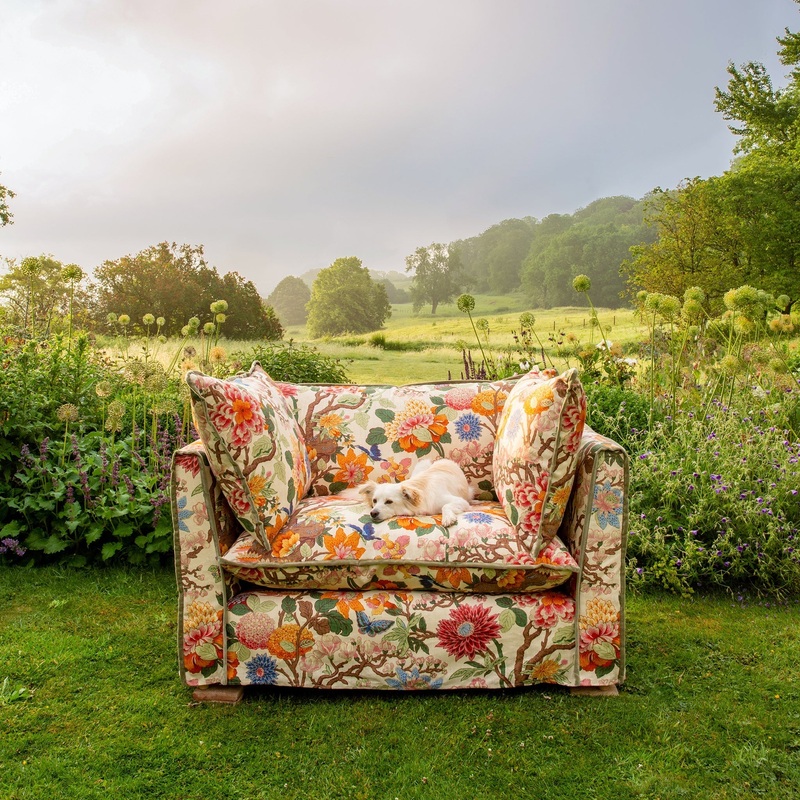 Coco Loveseat with Contrast Piped Knife Edge cushion in GP & J Baker Magnolia Cream Blue – Made to Order (Available for quick ship)