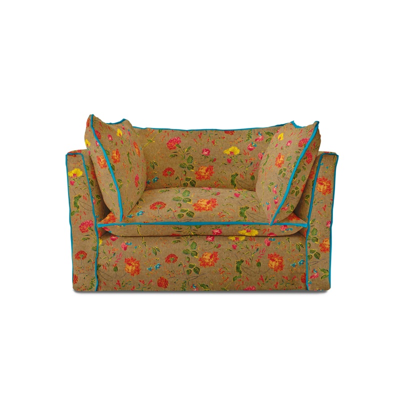 Coco Loveseat with Contrast Piped Knife Edge cushions in Wildwood Twig – Made to order (Available for quick ship)