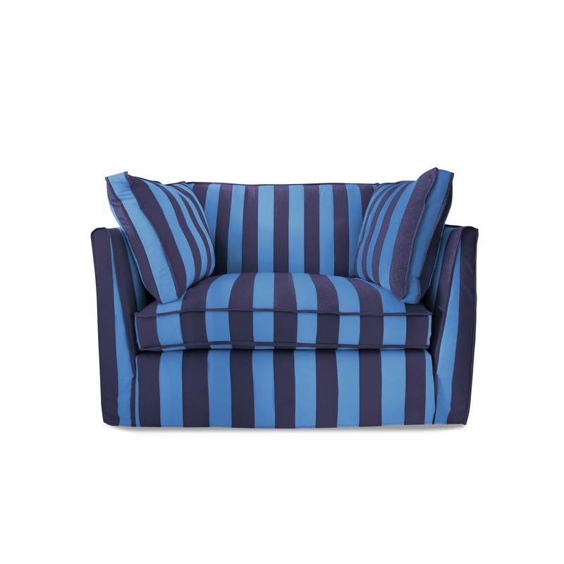 Coco Loveseat with Self Piped Box Edge cushion in Coastal Blue Stripes – Made to order (Available for quick ship)