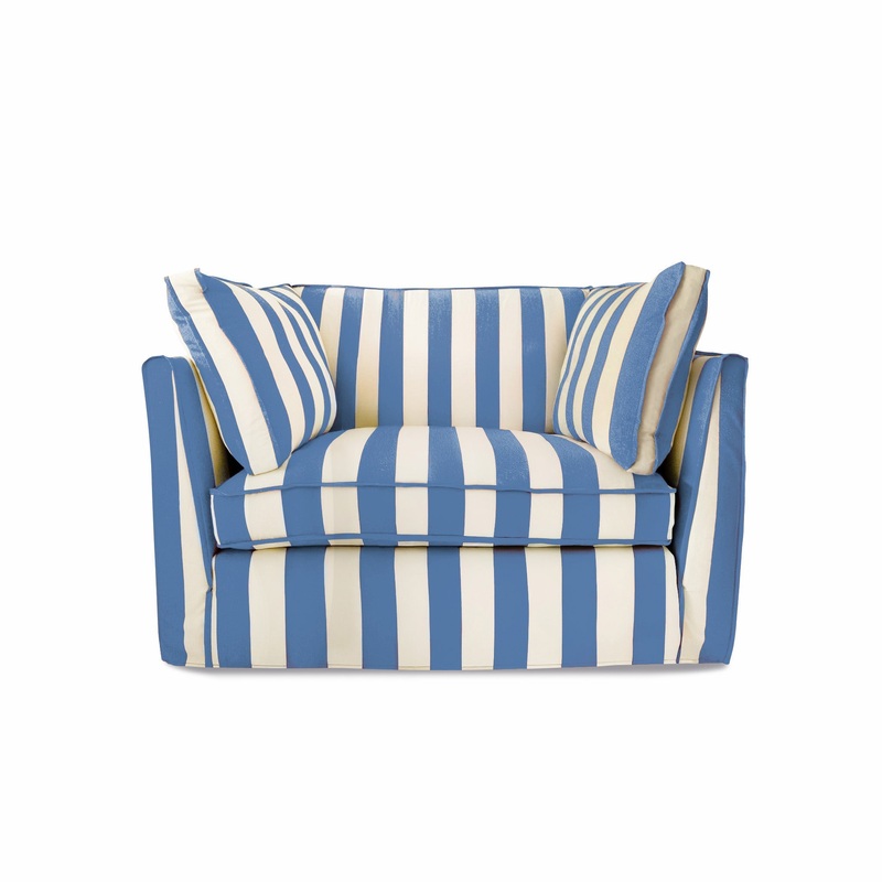 Coco Loveseat with Self Piped Box Edge cushion in Cornish Blue Stripes – Made to order (Available for quick ship)