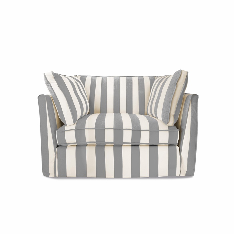 Coco Loveseat with Self Piped Box Edge cushion in Garden Grey Stripes – Made to order (Available for quick ship)